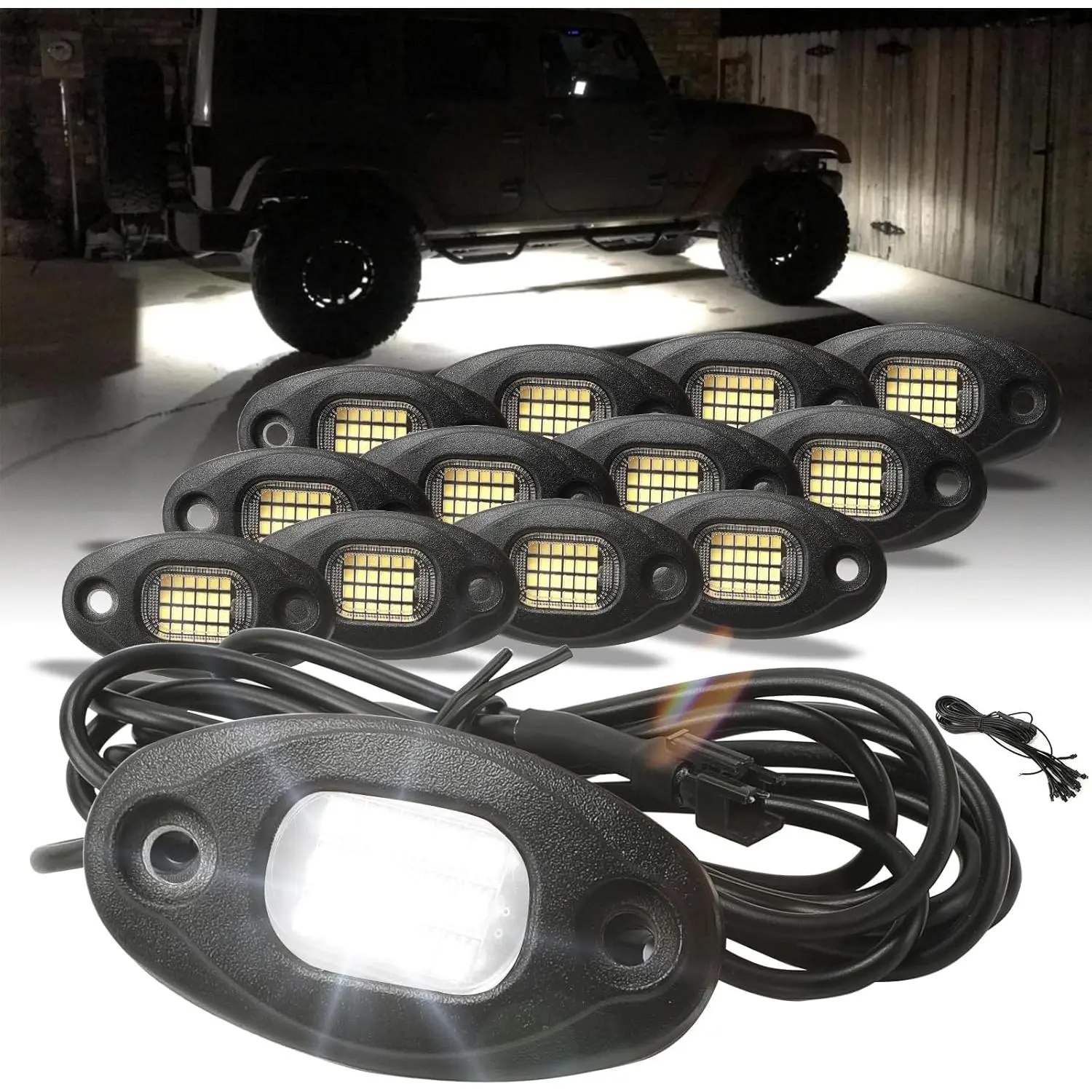SUNPIE Aluminium Metal 6000K Pure White Rock Lights,24 High Power Chips,4M Extension Wires Each Light,Mounting Pads, IP67 Waterproof, Fits for Trucks Trailer SUV ATV UTV