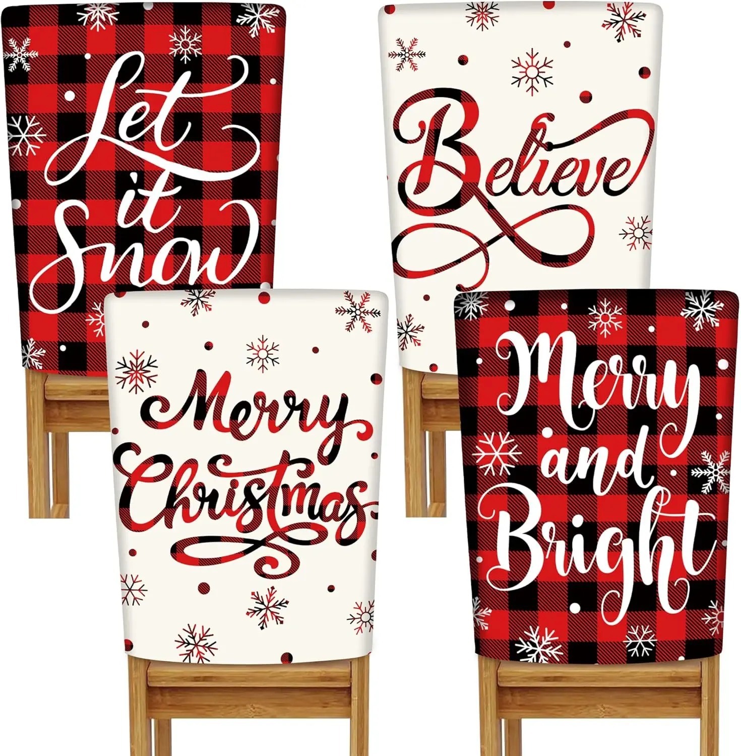 4 Pcs Christmas Chair Covers Red Black Buffalo Plaid Chair Back Covers Farmhouse Removable Washable Christmas Dining Chair Slipcovers Protector for Home Kitchen Xmas Holiday Party Decoration