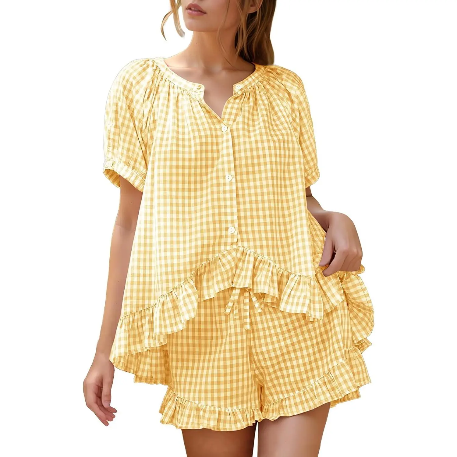 Cotton Pajamas for Women Gingham Set Lounge Sets | 100% Cotton, Plaid, Babydoll Top, Relaxed Fit, Puff Sleeve, Shorts, Pockets, Summer, Sleepwear, Vacation, Wedding, Parties