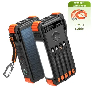 Solar Charger Power Bank 20000mAh, 20W Fast Charging, 4 Built-in Cables, USB-C, Flashlight, Camping Light, Carabiner, Apple Watch & Phone Compatible.