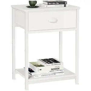 White Nightstand with Fabric Drawer, Small Side Table for Small Spaces, 2 Tiers Storage Shelves End Table, Night Stand for Living Room, Bedroom, Dorm