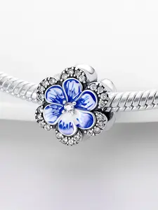Fashion Blue Flower Design Charm, Rhinestone Decor Pendant for Bracelet & Necklace, DIY Jewelry Accessories for Women