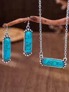 Vintage Western Geometric Turquoise Necklace Earrings Set, Boho Ethnic Style, Zinc Alloy, Perfect for Daily, Festive, Party Wear