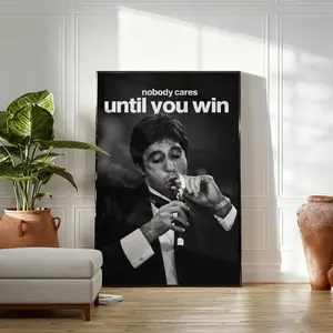 Scarface Tony Montana "Nobody Cares Until You Win" Canvas Print, Black & White Motivational Wall Art, Decor for Living Room, Bedroom, Man Cave, Office, Dorm, Game Room