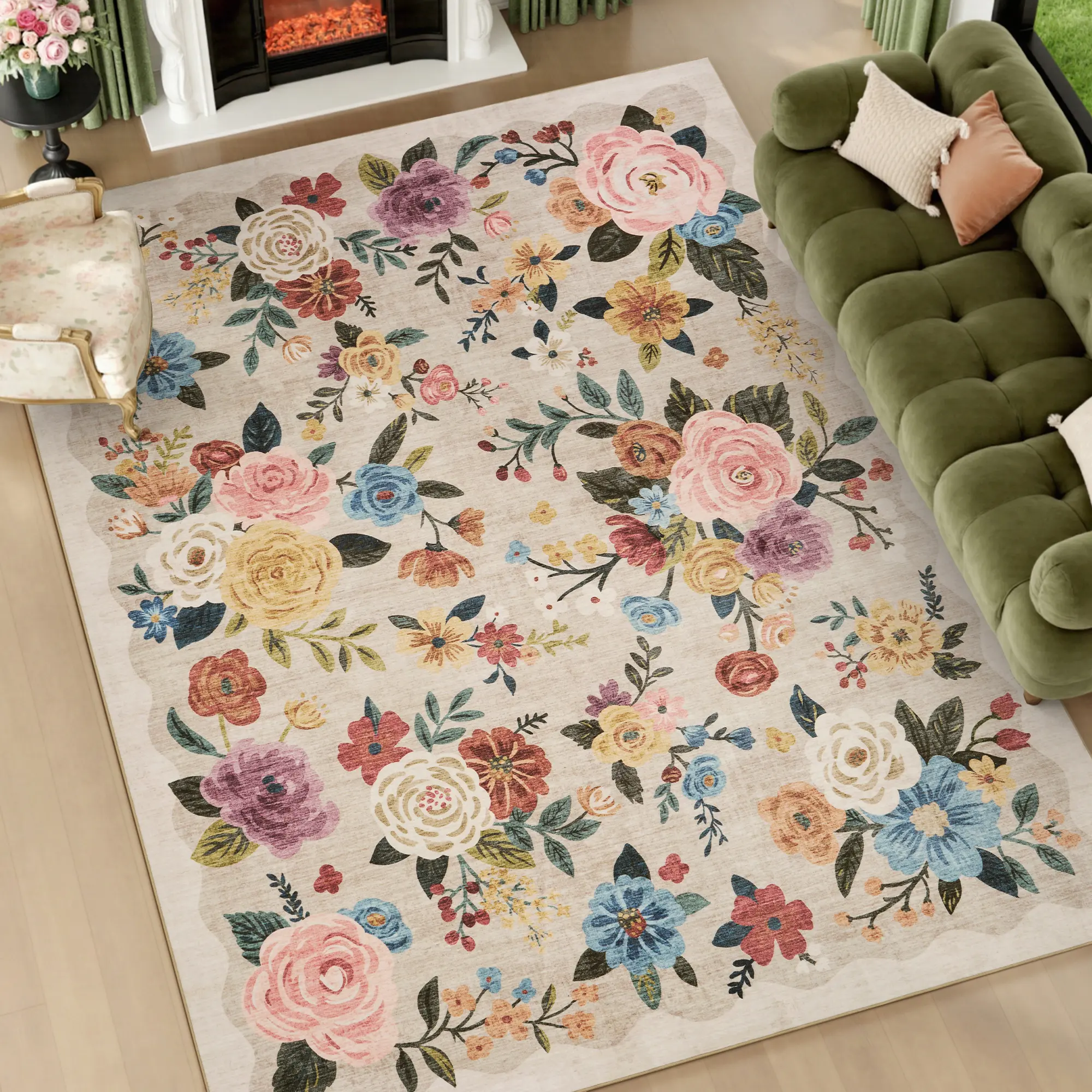 Amoami Floral Washable Area Rug, Vintage Botanical Carpet, Soft Lightweight Rug, Non Slip TPR Backing, Machine Washable Indoor Rug for Living Room, Bedroom and Home Decor