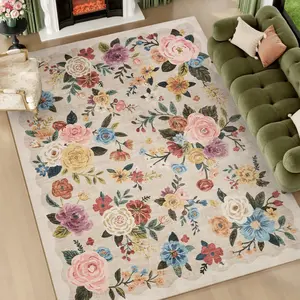 Amoami Floral Washable Area Rug, Vintage Botanical Carpet, Soft Lightweight Rug, Non Slip TPR Backing, Machine Washable Indoor Rug for Living Room, Bedroom and Home Decor