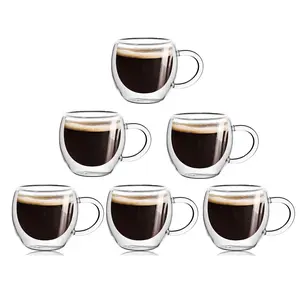 6-Pack 2.7oz Double Walled Glass Coffee Mugs - Insulated Espresso Cups with Handle - Clear Borosilicate Glass for Latte, Espresso Machine、Cappuccino & Tea