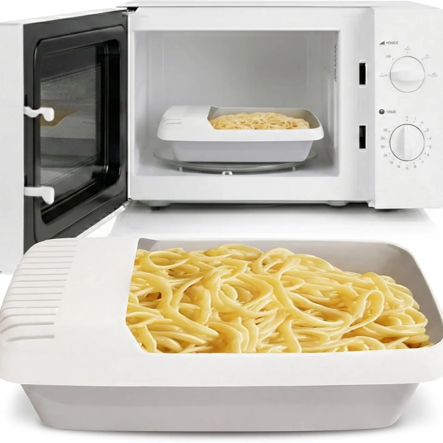 Microwave Pasta Cooker with Strainer Lid, Draining, Quick Cooking in 10 Minutes, No Wait No Mess Design, Ideal for Spaghetti & Noodles, Kitchen Gadget