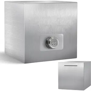 Stainless Steel Piggy Bank for Adults with Combination Lock, Reusable Metal Money Saving Box, Unbreakable Savings Bank for Cash and Coins (Silver, 7.9 inch)