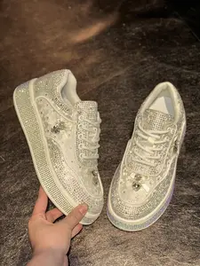Fairy Style Rhinestone Cherry Blossom Breathable Wide Fit Casual Sneakers, Sweet Bow Decor, Thick Sole Height Boost, Multi-Color Options