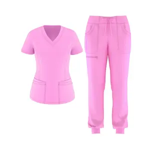 Sturdy Functional Two-Piece Facial Scrub Suit, Health Care Short Sleeve V-neck Pocket Top and Drawstring Jogger Pants, Nurse Clothing, Women's Clothing