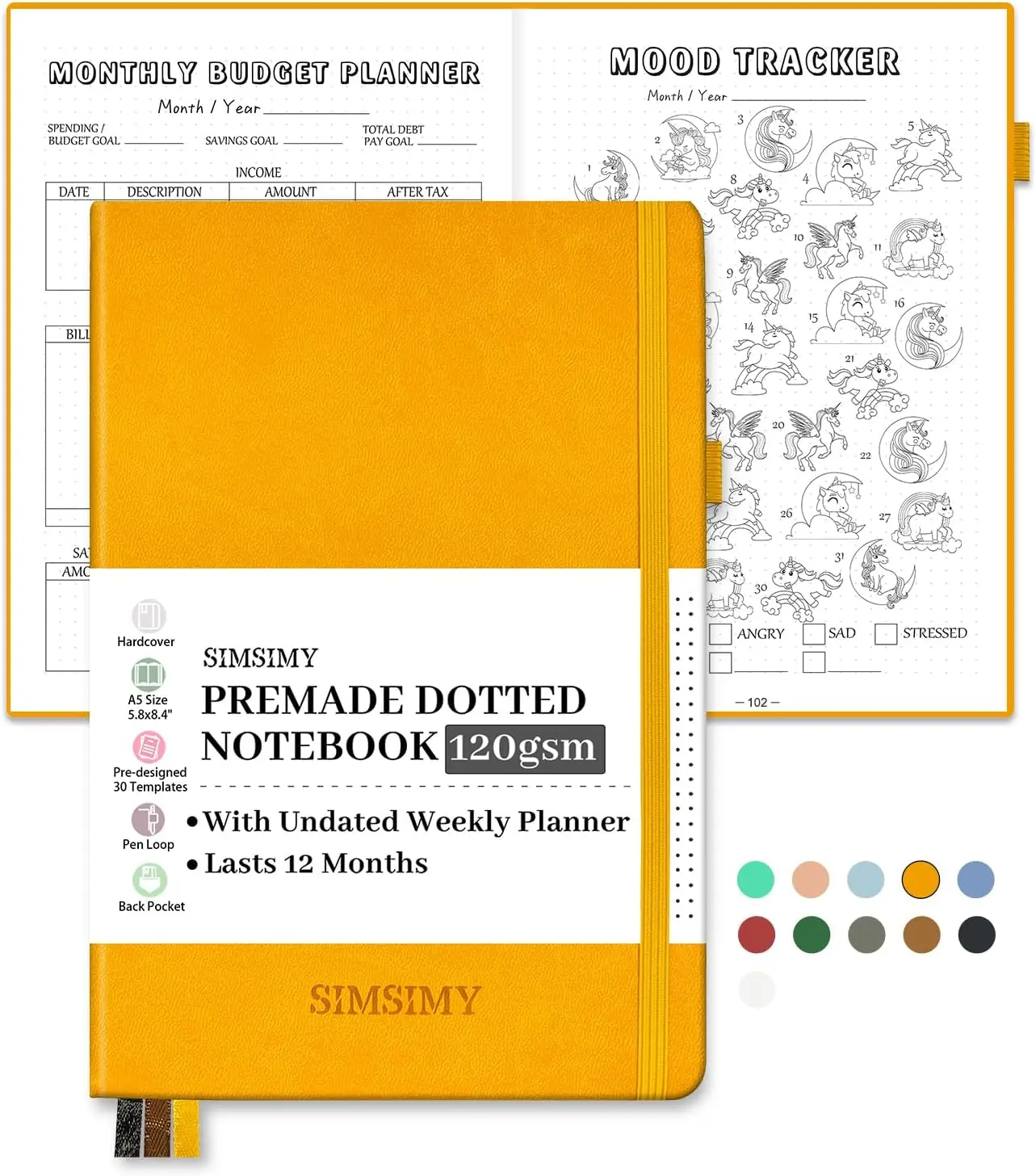 Premade Bullet Dotted Journal Notebook, Pre-made Dot Grid Journaling with Undated Weekly & Monthly Planner, Various Trackers, Lasts 1 Year, A5