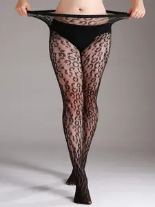 Plus Size High Stretch Leopard Print Fishnet Leggings, Tights, Sexy Hollow Net Stockings, Fashionable Halloween Costume, All Seasons, Underwear, Womenswear