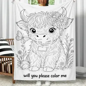 Highland Cow Themed DIY Coloring Blanket (No Markers Included) Color-Fillable Flannel Blanket A Perfect Gift for Children Fleece Throw with Custom-Dyed Fabric Soft Cozy Bedroom Decor Blankets Birthday Gifts Suitable for Friends, Family, and Partners,summe