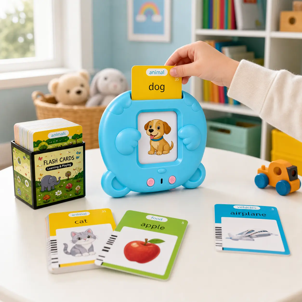 Toddler Learning Toy with Talking Flash Cards, 224-Word Rechargeable Card Reader with 112 Double-Sided Picture Cards, Screen-Free Preschool Vocabulary Learning Toy with Animal and Vehicle Sounds for Home, Daycare, Classroom and Road Trips