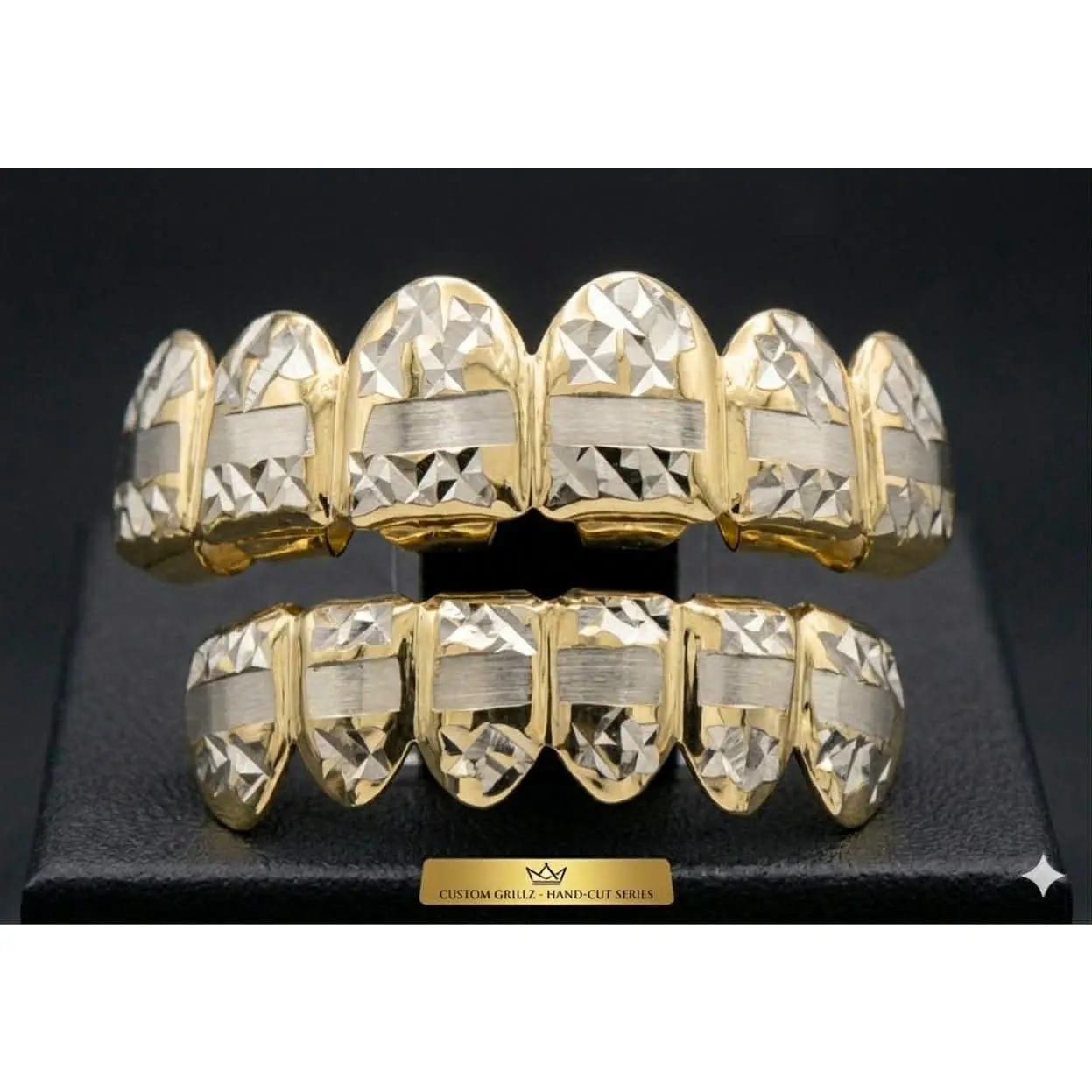 14K Gold Plated Upper & Lower Grillz Set Diamond Cut Series 03