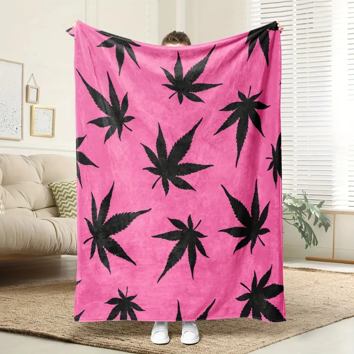 Pink Marijuana Leaf Flannel Throw Blanket, Soft Lightweight Cannabis Print Cozy Blanket for Adults, Bed Sofa Bedroom Decor, All-Season Gift