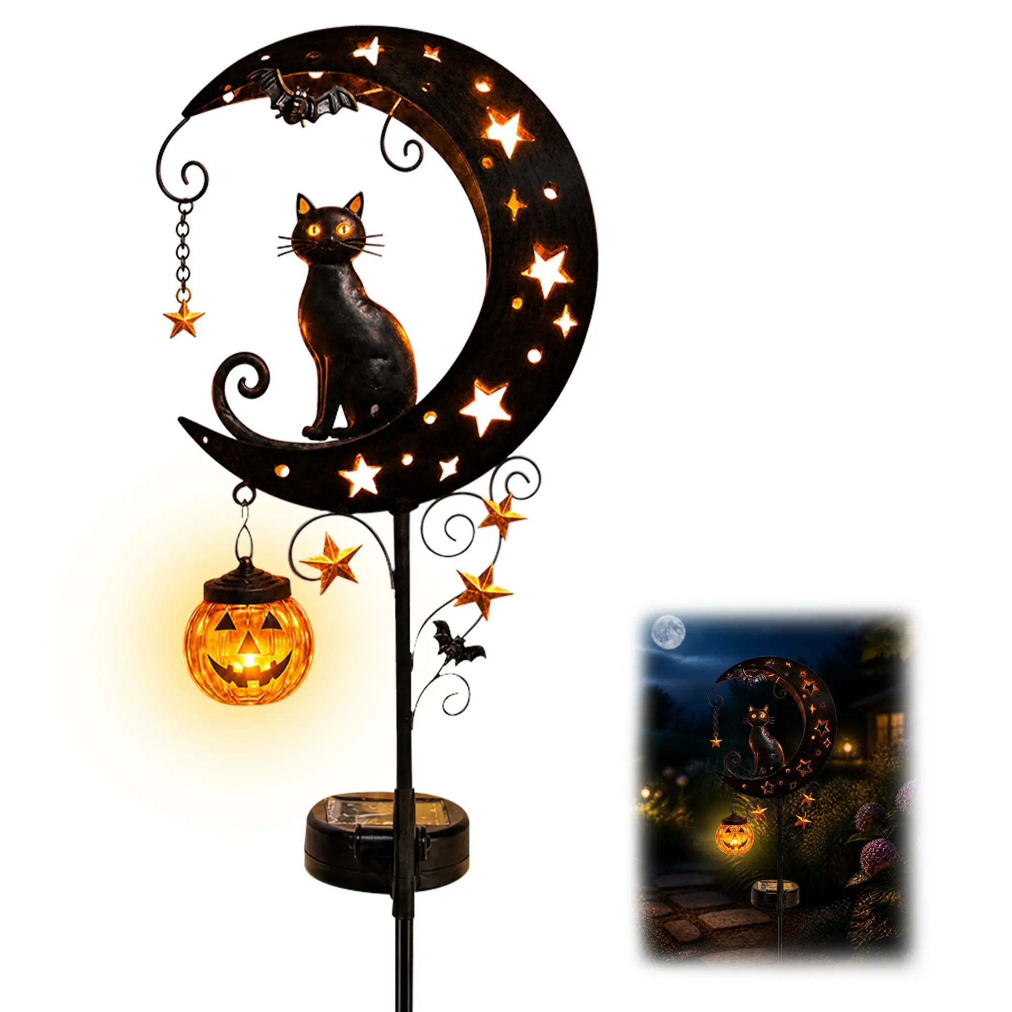 Solar Halloween Black Cat Moon Garden Stake with Pumpkin Lantern - Waterproof Metal Plastic Outdoor Auto On/Off, Family-Friendly Spooky Ornament for Garden, Patio Decoration (1/2 packs), Home Decor Gift to Light Up Your Space sohochic