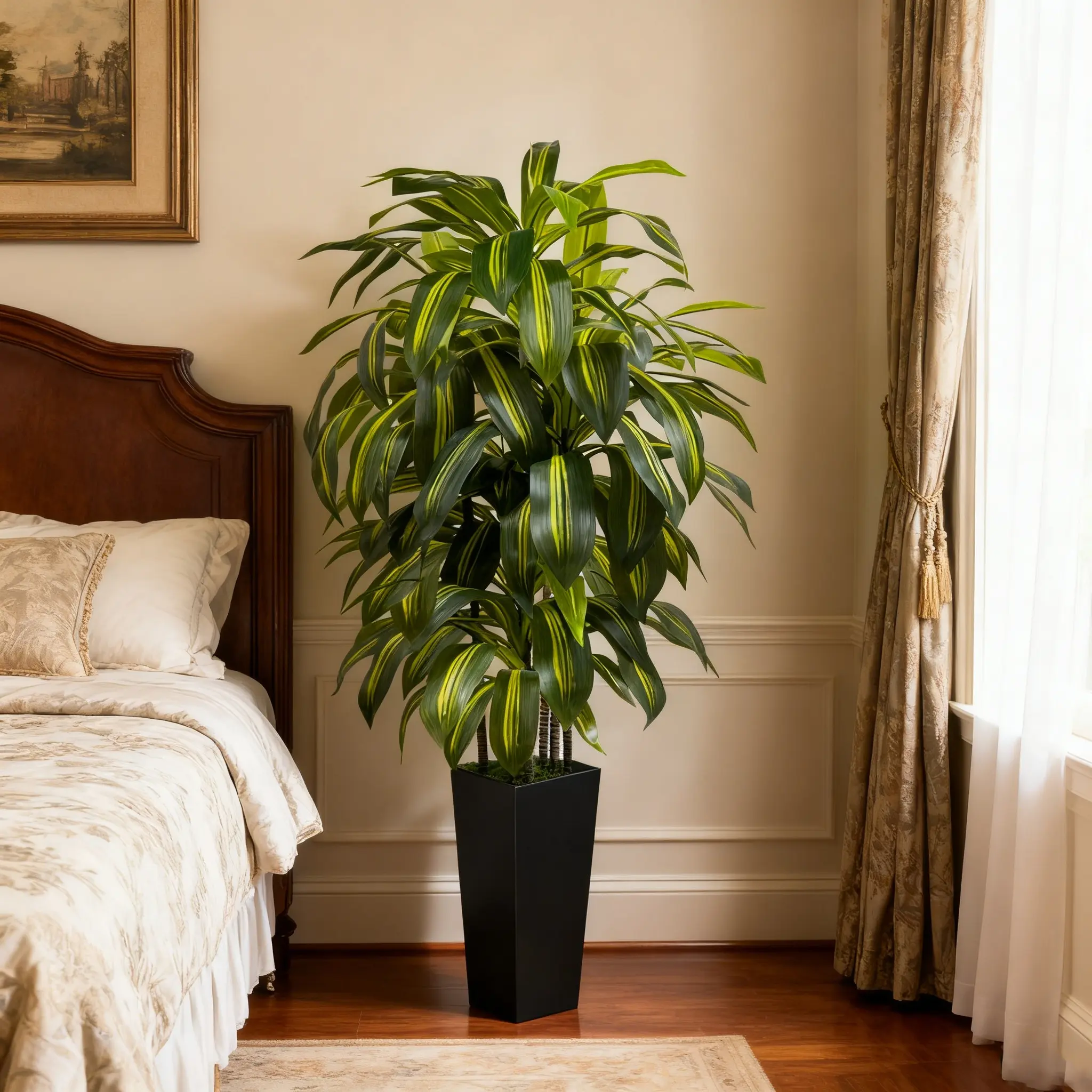 5FT-6FT Artificial Dracaena Tree - Tall Fake Indoor Floor Plant with Black or White Planter, Decorative Aesthetic Home Accessory for Living Room Decor, House Decor Gift Idea for Housewarming, Aesthetic Home Decor