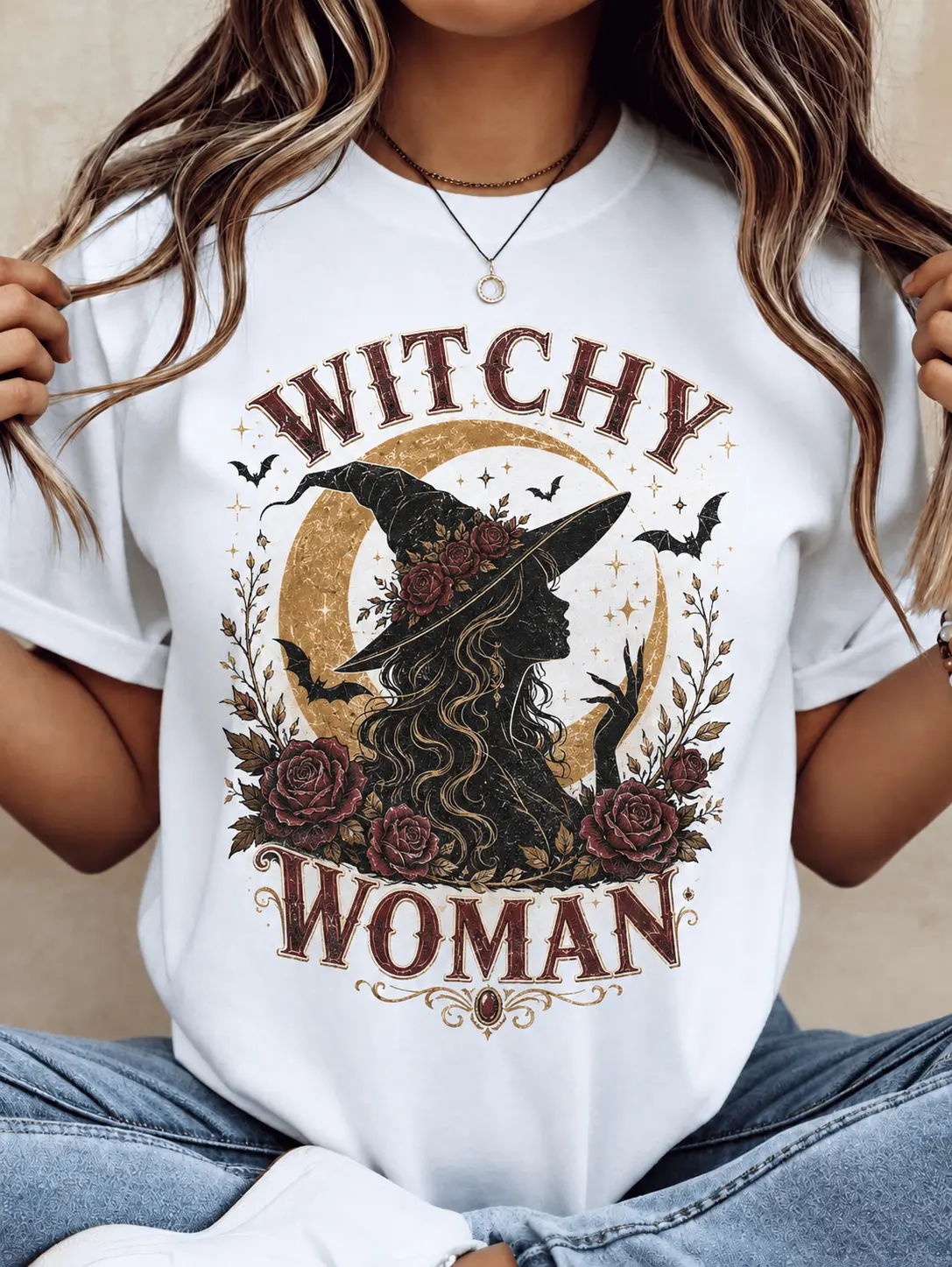 Women's Plus Size T-Shirt, Gothic Witch Graphic Print Casual Loose Fit Cotton Shortsleeve Top for Everyday Wear, Style, Tshirt, Streetwear, Vibe