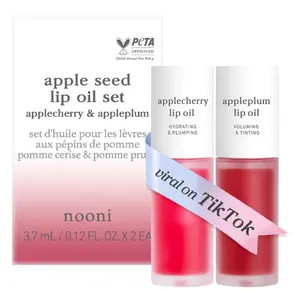 NOONI Vegan Appleseed Lip Oil Set - Applecherry & Appleplum | Long-Lasting, Moisturizing, Plumping, Revitalizing for Dry Lips, Waterproof, No Peel Off, Korean Tint, 0.12 FL Oz x 2ea