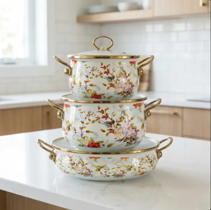 Enamel Stainless Steel Stockpot Cookware Set - Thickened and Deepened, Large Capacity, with Handle, Floral Bird Pattern Lid, Ideal for Home Use, Party, Stew Pot, Holiday Gifts