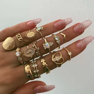 15 Pcs Vintage Gold Coin Opal Stackable Ring Set, Boho Gold Stacking Rings, Hypoallergenic Y2K Jewelry for Women