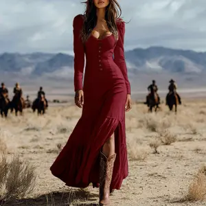 Retro Western Style Button Pleated Long Sleeve Sexy Dress