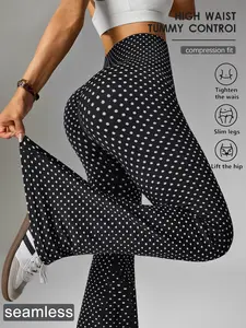 Women's Dot Micro Flare Sporty Casual Pants, Seamless High Waist Tummy Control Yoga Pants, Elastic Tight Pilates Fitness Wide Leg Pants, Active Gym Pants, Athleisure Pants, Womenswear