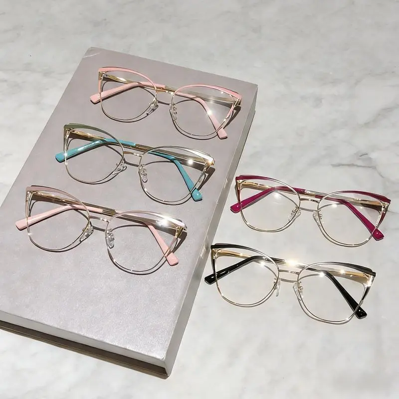 Cat-Eye Metal Frame Glasses Blue Light Blocking Lens, Sleek Plain Front Design, Advanced Anti-Blue Light Technology, Lightweight Comfort, Color-True Clear Lenses for Everyday Screen Use