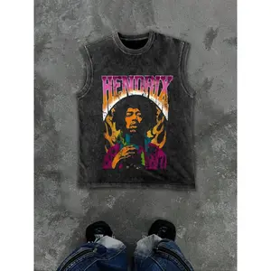 Men's printed sleeveless vest, loose fit with washed effect, casual streetwear, rock style, American street fashion