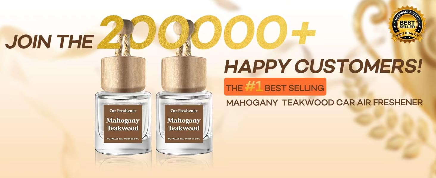 Classy Car Air Freshener Hanging 2 Pack, Mahogany Teakwood Essential Oil Diffuser, Cute Glass Bottle, Long-Lasting Fragrance Car Accessories for Women & Men, Made in USA