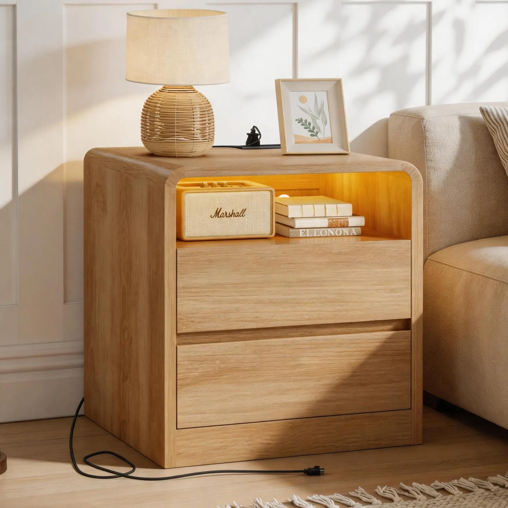 Modern Solid Wood 2-Piece Nightstand Sets with Charging Station, RGB Lights, 2 Drawers, Storage Shelf - Stable Bedroom Bedside Table Cabinet, Indoor Furniture for Office Deskmakeover
