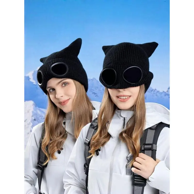 Women's Thermal Knit Cotton Windproof Fleece Beanie - Ear Coverage Hat, Unisex Outdoor Winter Sports Headwear for Skiing, Snowboarding