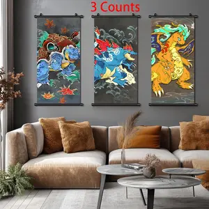 Anime Cartoon Pattern Scroll Hanging Painting, 3 Counts Wall Art Canvas Poster, Indoor & Outdoor Decor, Ink HD Fade-resistant High Quality Artwork, Ornaments