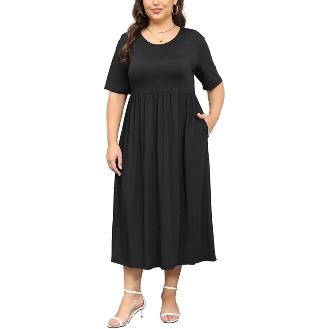 Women's Plus Size Floral Print Dress, Casual A-Line Midi with Short Sleeves and Pockets for Summer Beach Wear, Casual Wear, Basic, Elastic, Plus Size Clothes, Shortsleeve, Statement, Fabric, Minimalist, Curvy Clothing, Curvy Dresses Plus Size