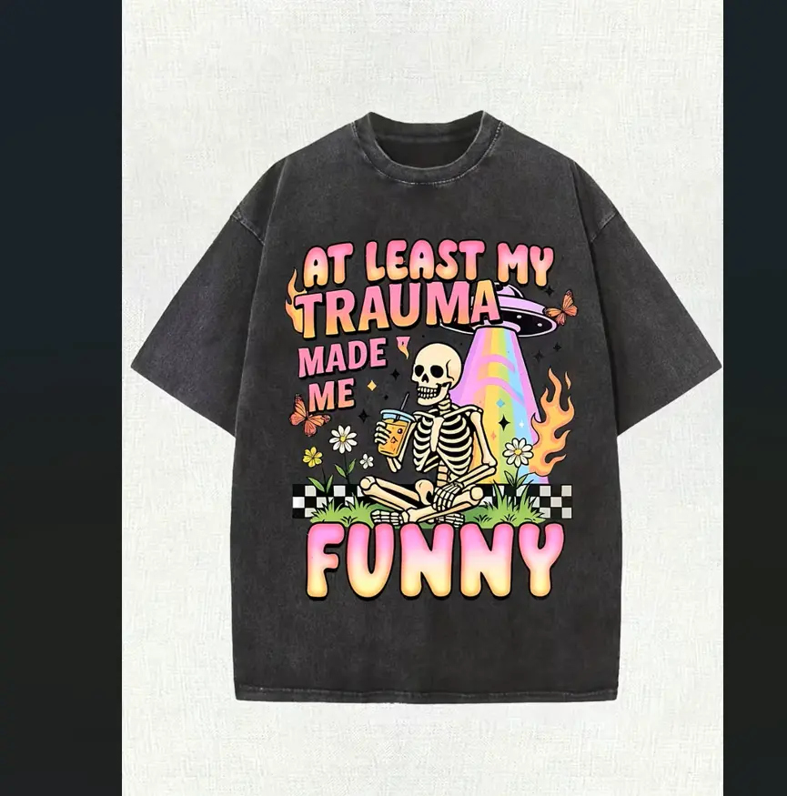 Retro Graphic T-Shirt for Women, Casual Washed Cotton Shortsleeve Top with "Funny Trauma" Pastel Skeleton Print, Round Neck