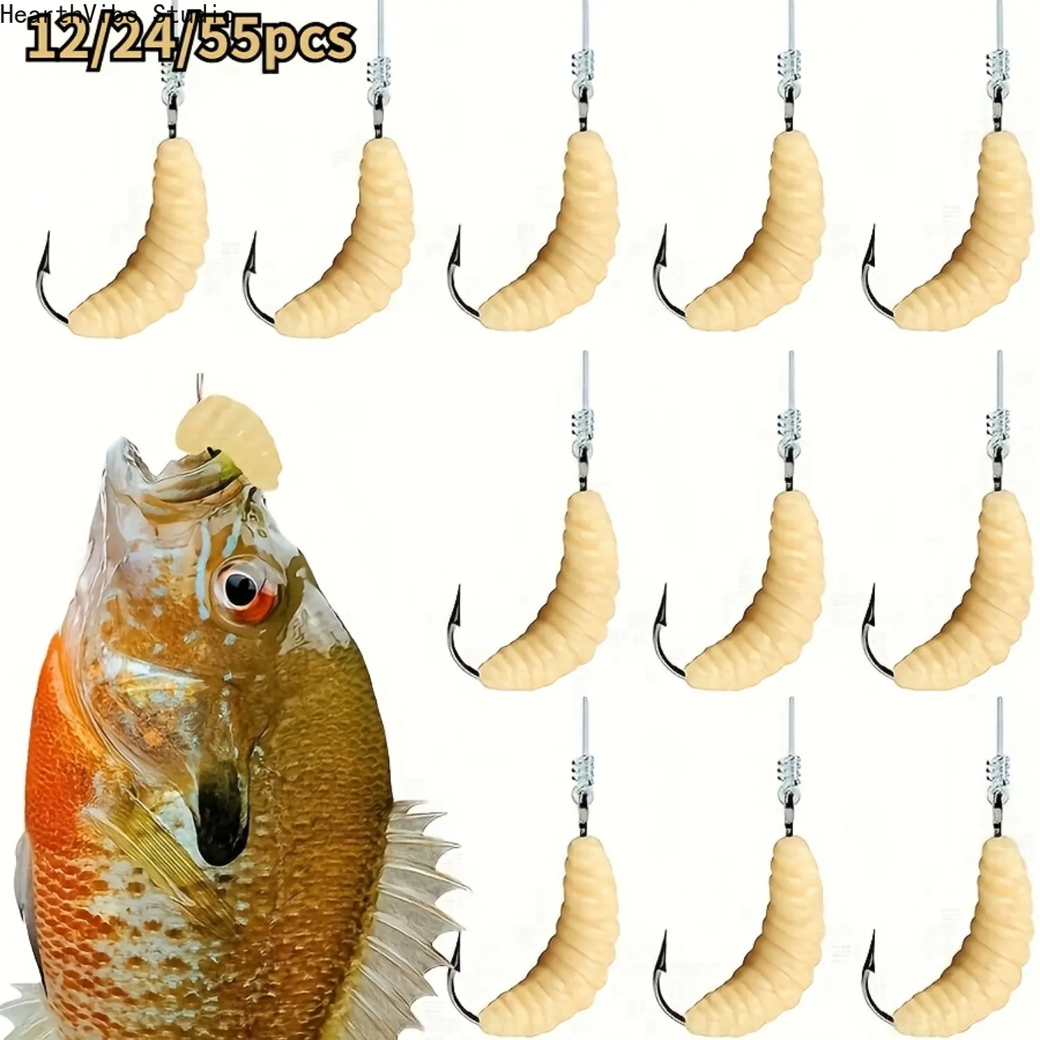 12/24/55-Piece Rubber Maggot Fishing Lures — Bulk Fishing Larvae for Trout, Bass, Panfish, and Bluegill — Freshwater Fishing Bait Set (Includes Hooks and Worms)