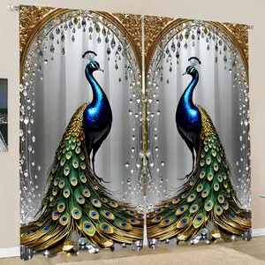 [Peacock Print | 3D Digital] 2pcs Classic Peacock Print 3D Digital Print Light-Filtering Curtains | Polyester 100% Brushed Fabric, Rod Pocket Top | Decorative All-Season for Bedroom & Living Room, Unlined, Woven, 180-200 gsm Home Decoration Curtain