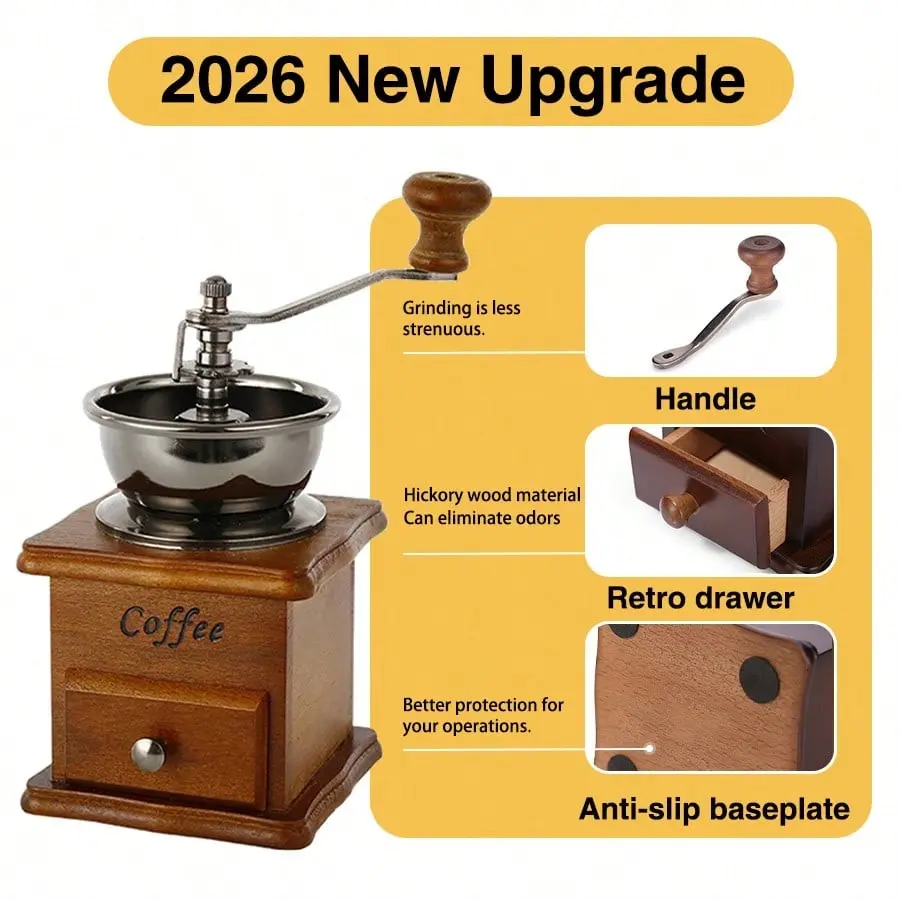Manual Coffee Grinder, 1 Count Wooden Vintage Style Hand Coffee Grinder, Classic Coffee Mill Hand Crank Coffee Grinders, Coffee Making Tool, Coffee Tools