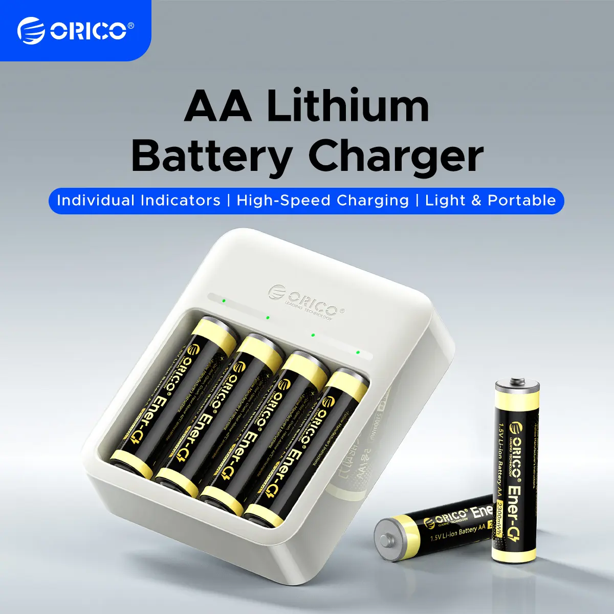 ORICO Rechargeable AA/AAA Lithium lon Battery Charger Set 4 Bay, with 8 AA/AAA, 1500 Cycles, Walkie, 3 Hour Fast Charge, Independent Control with LED Light-TP4