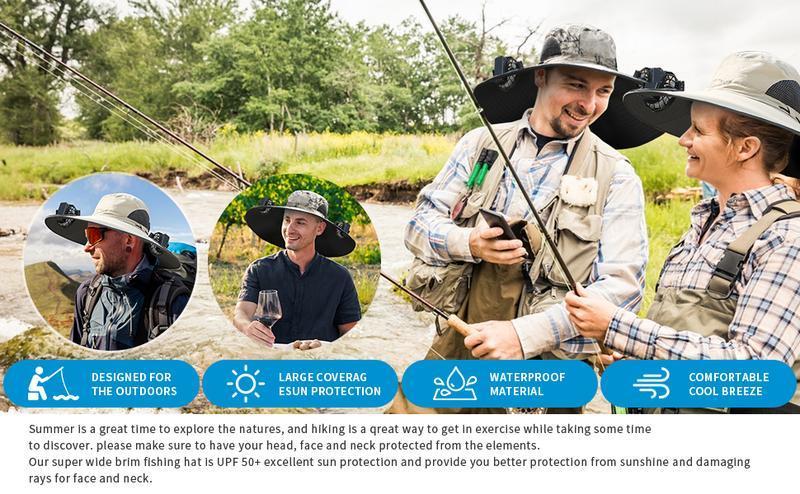 2 Solar Fan Sun Bucket Hat-Outdoor Wide Brim Sun Hat, Fishing Hat with Fan for Men, Waterproof Outdoor Camping Fishing Hat