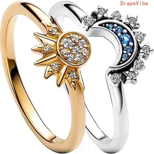 Celestial Couple Stackable Wedding Ring Set, European-American Simple Design, Shiny Sun-Moon Blue Inlaid Crystal (Sports & Outdoor, Fan Shop, Gaming Accessory)