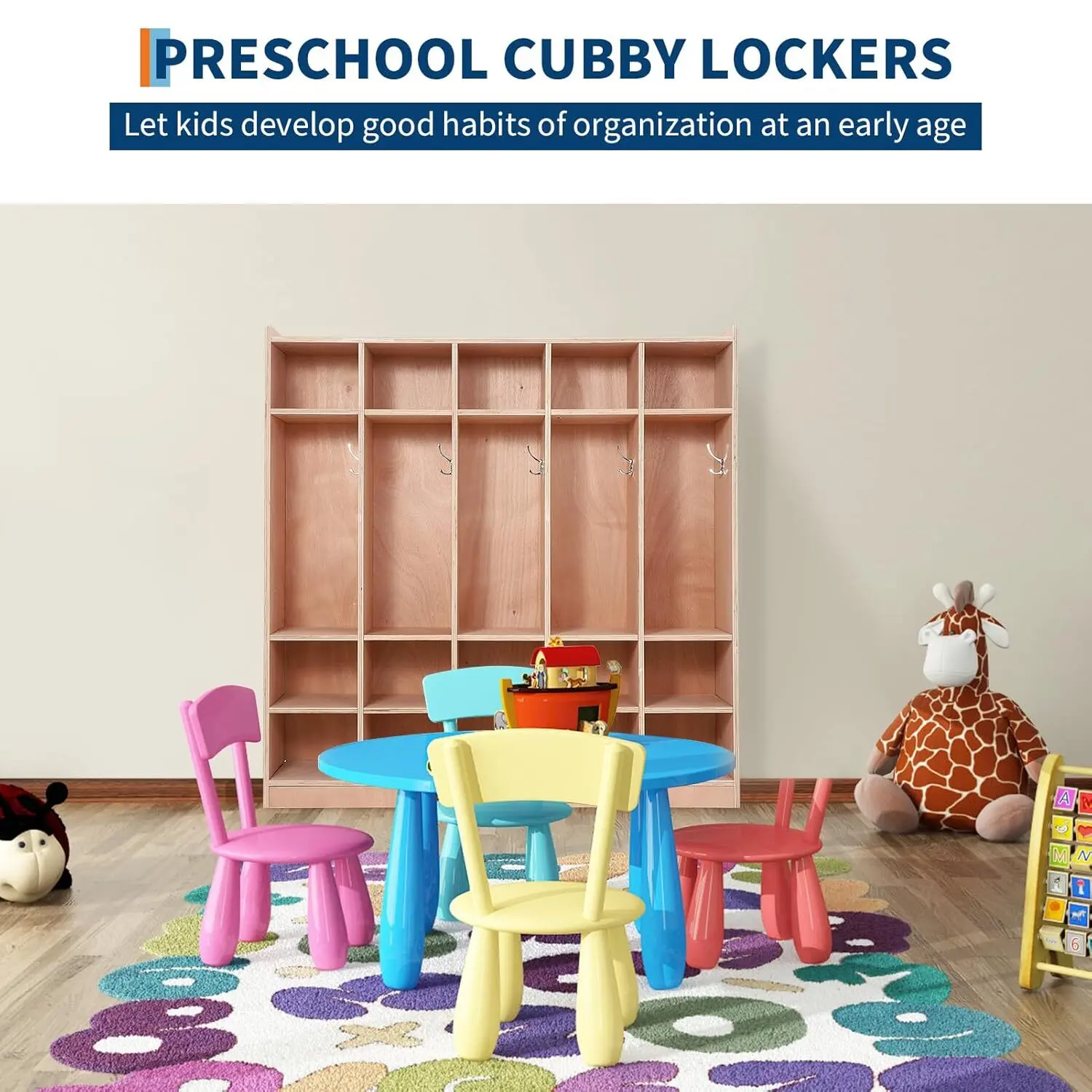 Sturdy Plywood Preschool Cubby Locker Furniture, 5-Section with 15 Cubbies, 2 Anti-Tip Anchors, 4 Casters, 5 Double-Side Coat Hooks, 2 Storage Boxes, Natural Wood Grain, 54 in W x 13 in D x 48 in H, Assembly Required, Home/Kindergarten Organization