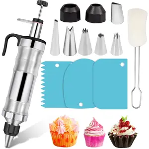Dessert Decorating  Set Frosting Piping Kit Stainless Steels Cake Decorating Tool 6 Russian Piping Icing Nozzles Cream Scraper Cupcake Frosting Filling Injector Cake Icing Tools