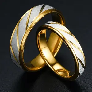 Stainless Steel Couple Rings, Gold Wave Pattern Wedding Rings for Men and Women - Engagement Jewelry Gift - Daily Wear