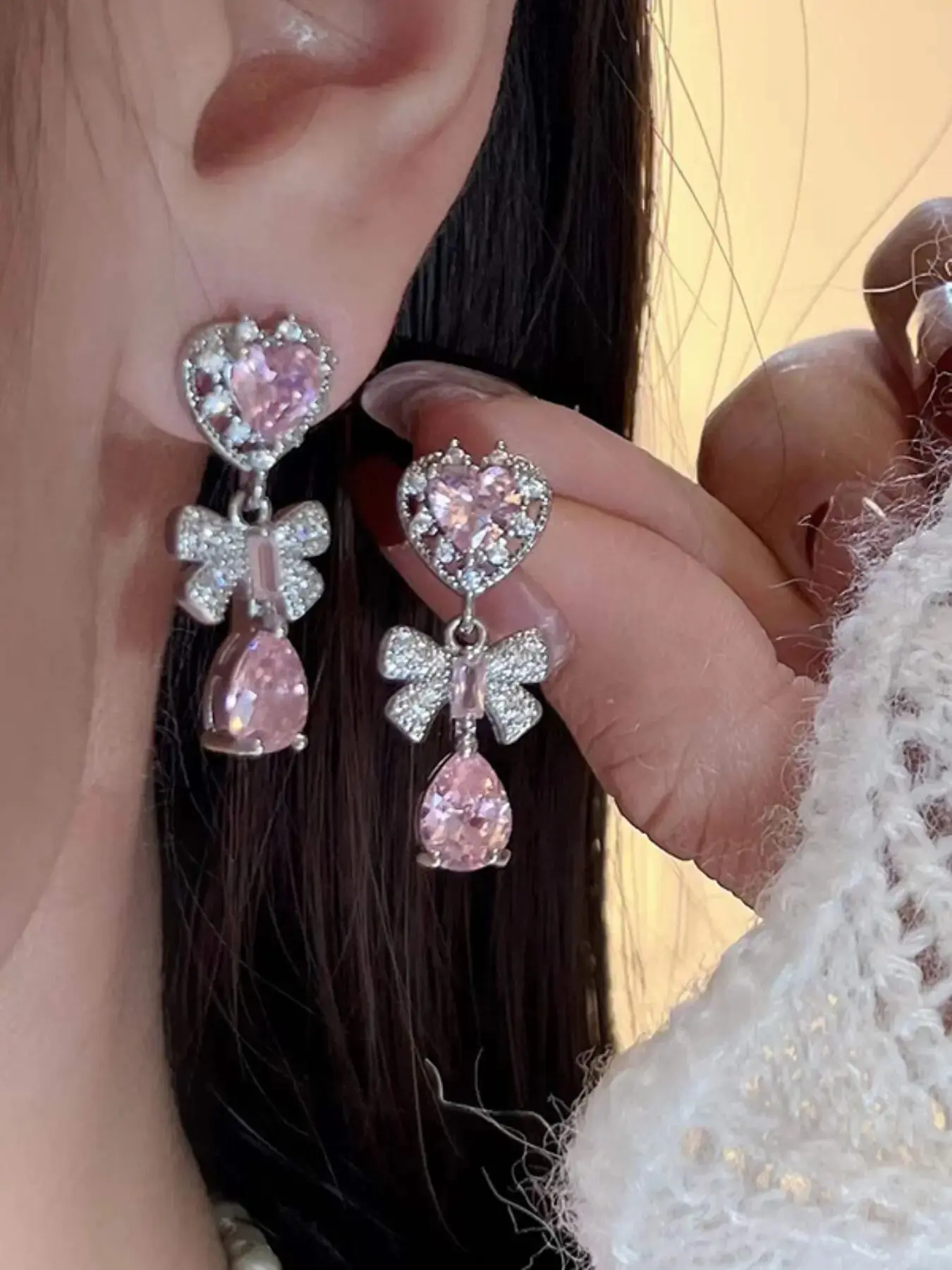 Pink Bow Earrings, Heart Shaped Earrings, Synthetic Zirconia Dangling Earring Jewelry Gift for Birthdays & Anniversaries Daily Accessories for Her, Fashionable Earrings