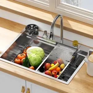 GARVEE 30 Inch Brushed Nickel Waterfall Kitchen Sink Set - 304 Stainless Steel, Single Bowl, Multifunctional, Heavy-duty, Ultra-large Capacity, Standard Size, Family and Bar Sinks