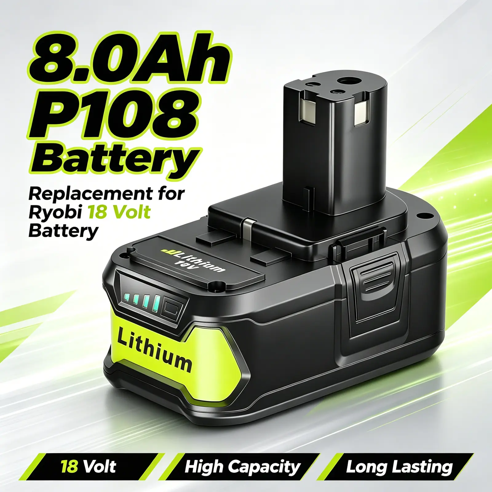 8.0Ah/8000mAh 144W Lithium-Ion Replacement Batteries for Ryobi 18V Cordless Drill Tools, Compatible with P102, P103, P104, P105, P107, P108, P109, P122