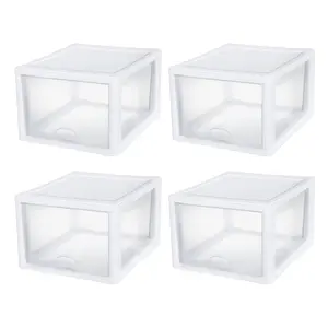 Sterilite 27 Quart Clear & White Plastic Storage Bin with One Drawer (4 Pack) Boxes Organiser
